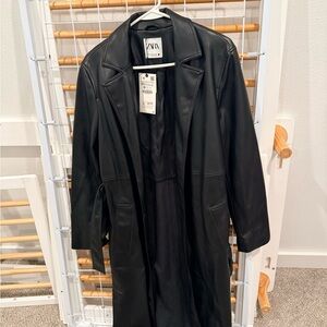 Zara Black Long Faux Leather Trench Coat
